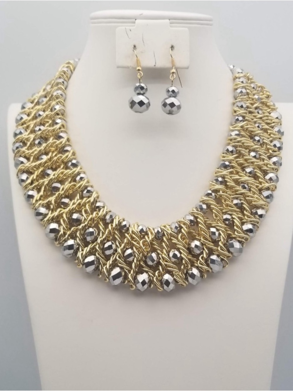 Gold and Silver Braided Statement Necklace with Drop Earrings